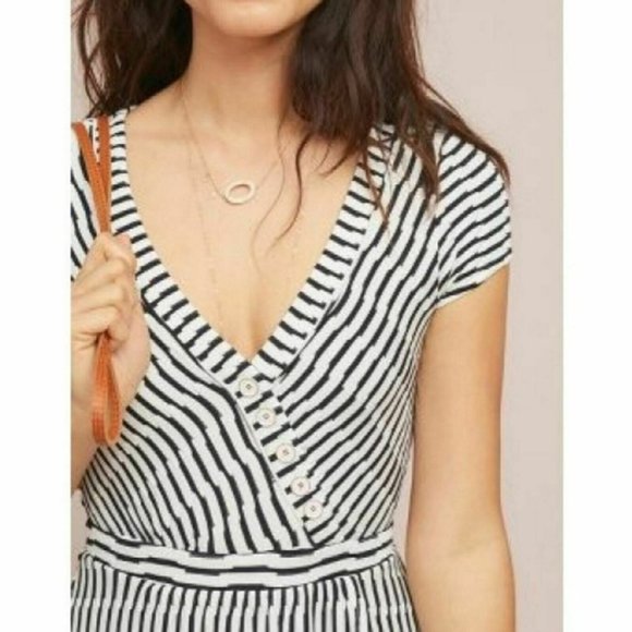 Maeve Anthropologie Paladino Dress Faux Wrap Puckered Stripe V-Neck Cap Sleeve S - Picture 3 of 11